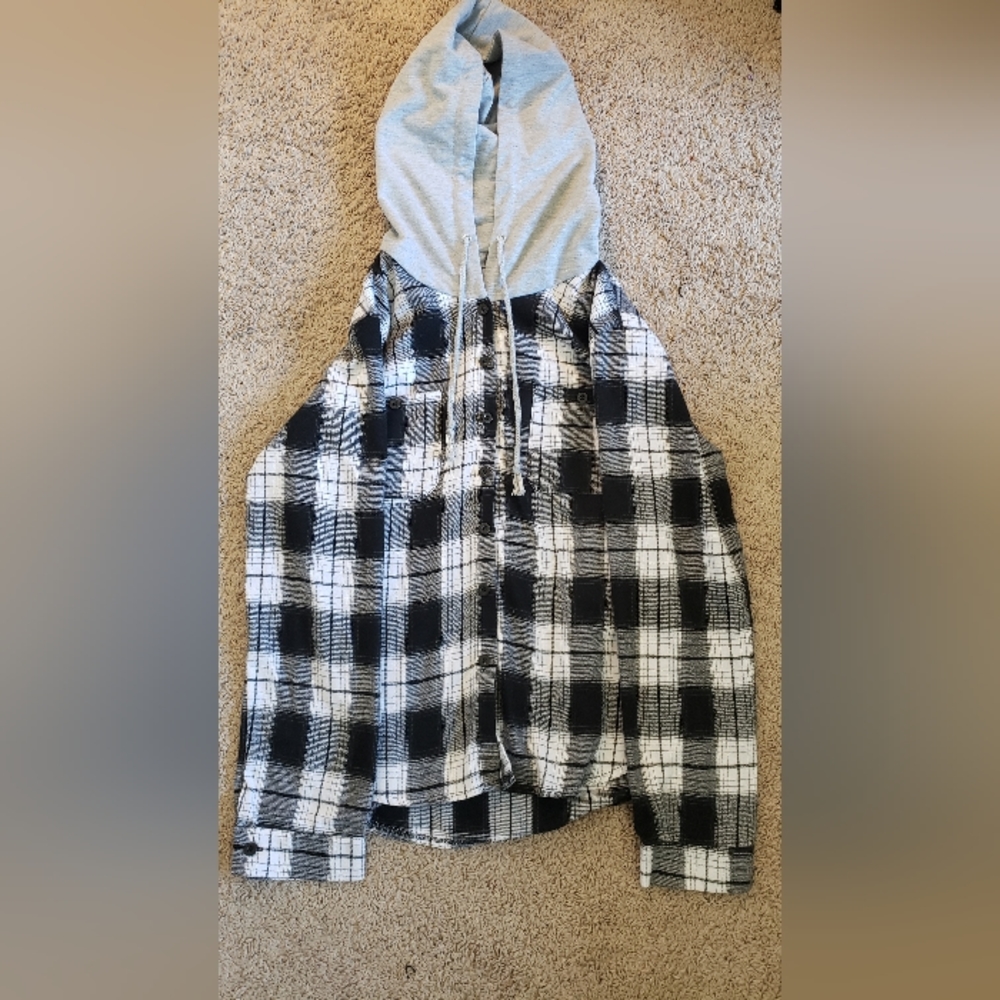 Button Front Drawstring Hooded Flannel